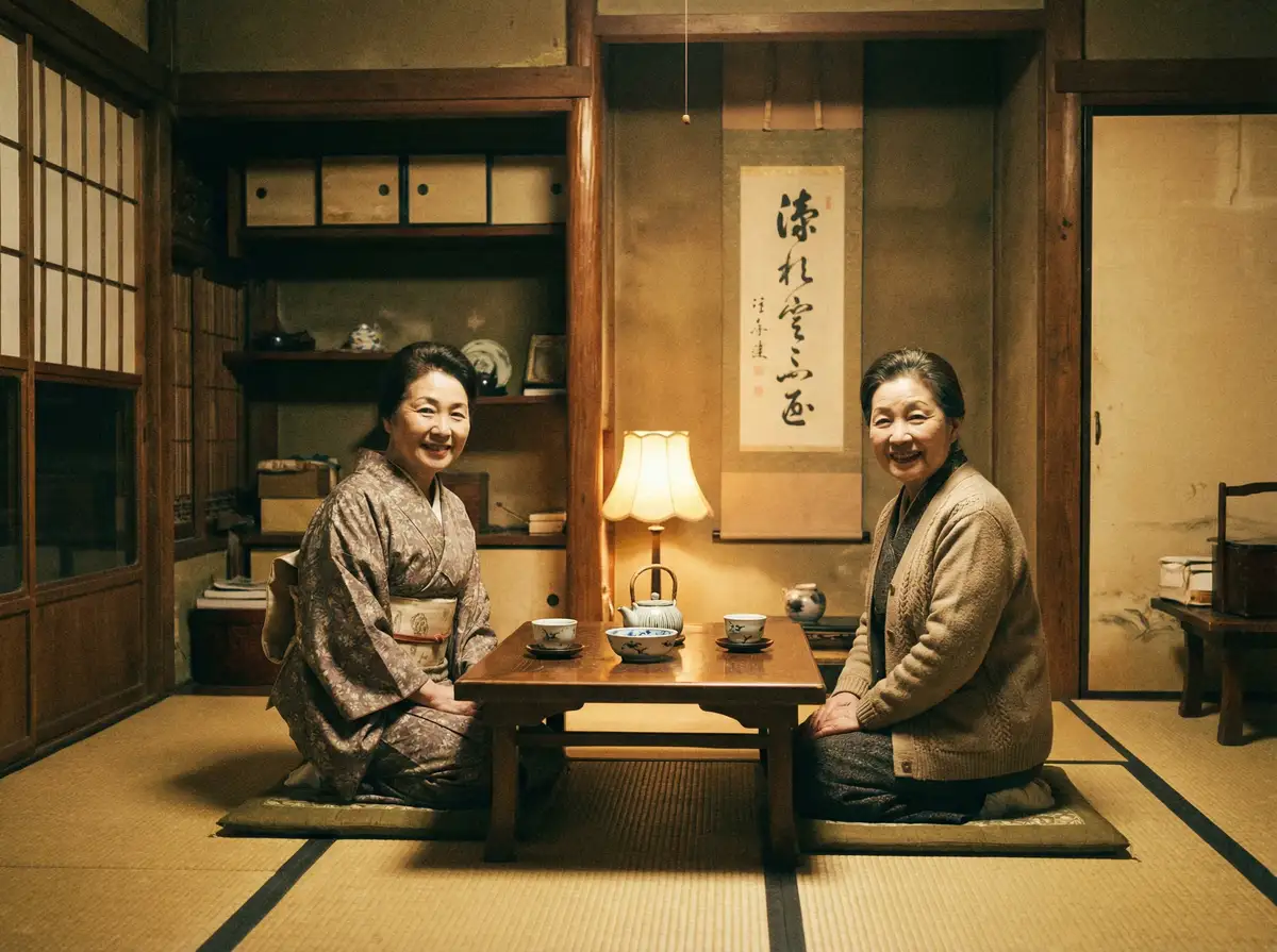 两位优雅的 天博综合体育app 在日式茶室中品茶交谈